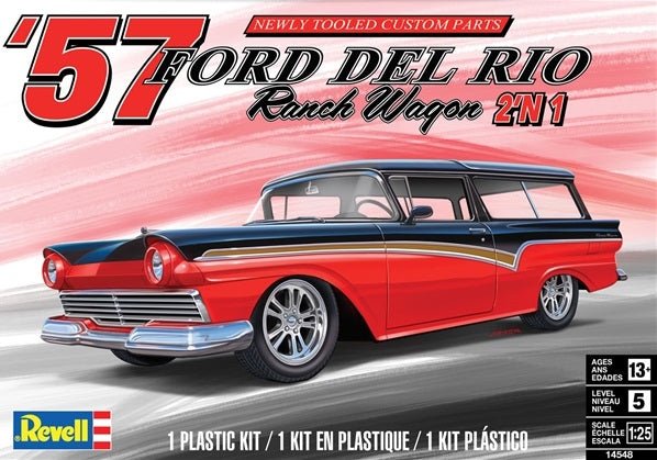Scale model kit of a 1957 Ford Del Rio Ranch Wagon, predominantly red with black details, including custom wheels and chrome parts.