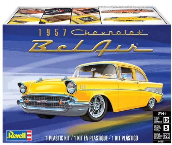 Box art of a yellow 1957 Chevrolet Bel Air model kit,