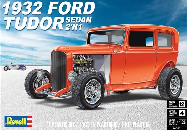 Box art of a 1/25 scale model kit of a 1932 Ford Tudor Sedan in red color.
