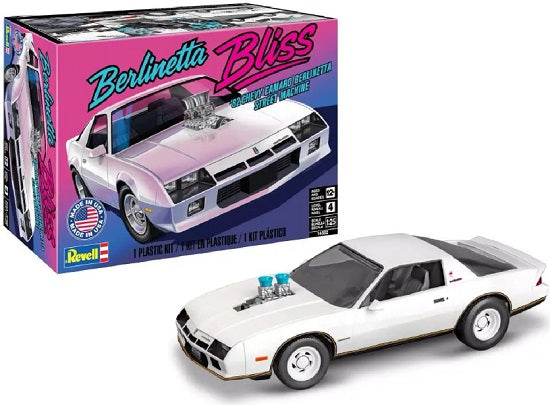 Assembled model kit of 1982 Chevy Camaro Berlinetta in white with the model kit box in the backgound.