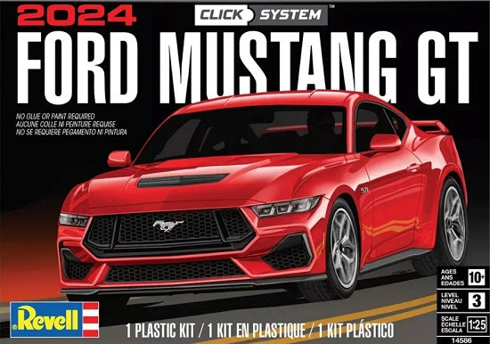 Box art of 1/25 scale 2024 Ford Mustang GT plastic model kit.