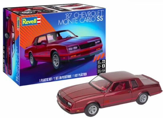 1987 Chevrolet Monte Carlo SS completed plastic model kit with box in background.