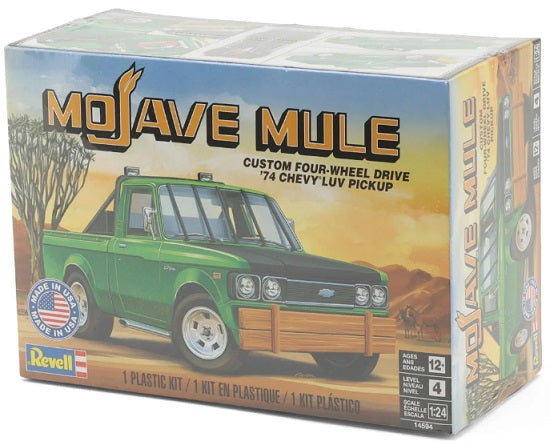 Revell Mojave Mule custom four-wheel drive 1974 Chevy LUV pickup model kit box, showing a green pickup truck illustration on the front packaging.