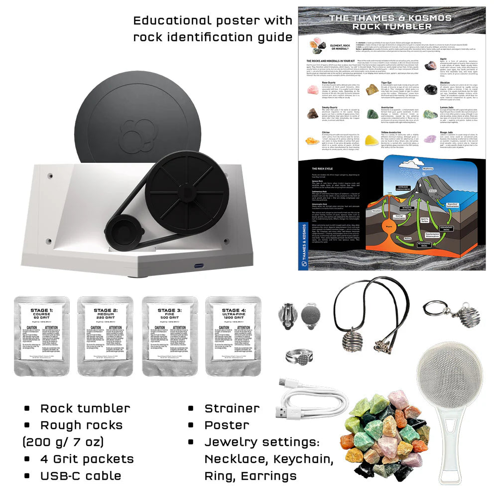 Rock Tumbler, grit packets, poster, strainer, colorful rocks, and jewelery settings.