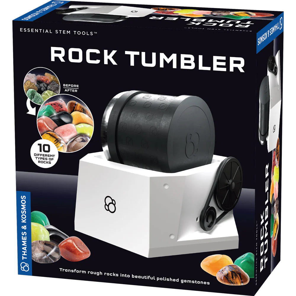 Colorful rocks and rock tumbler on a black package.