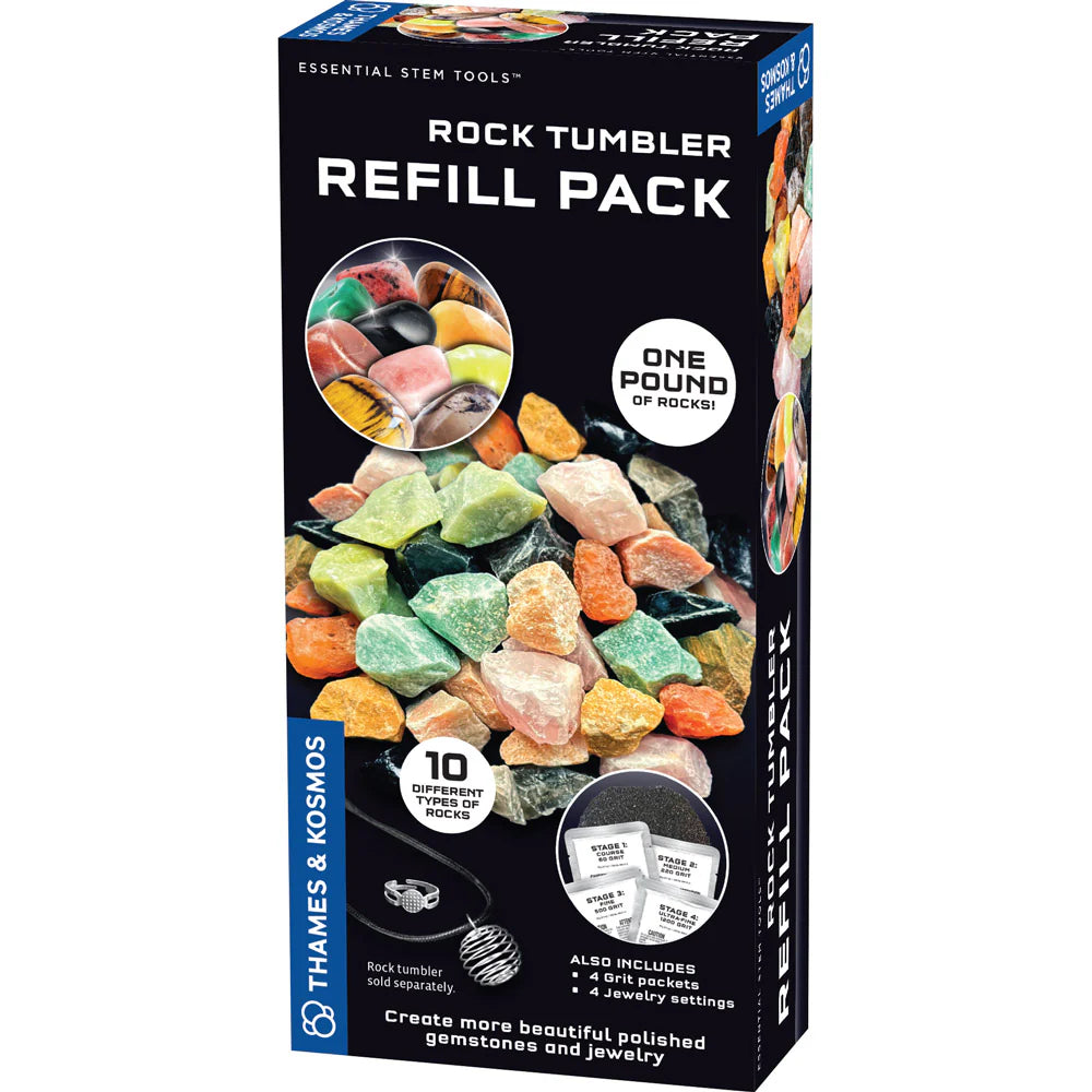 Front of black package covered colorful rocks