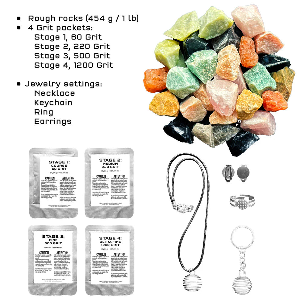 Colorful rough stones with jewelry settings and grit packet information on a white background
