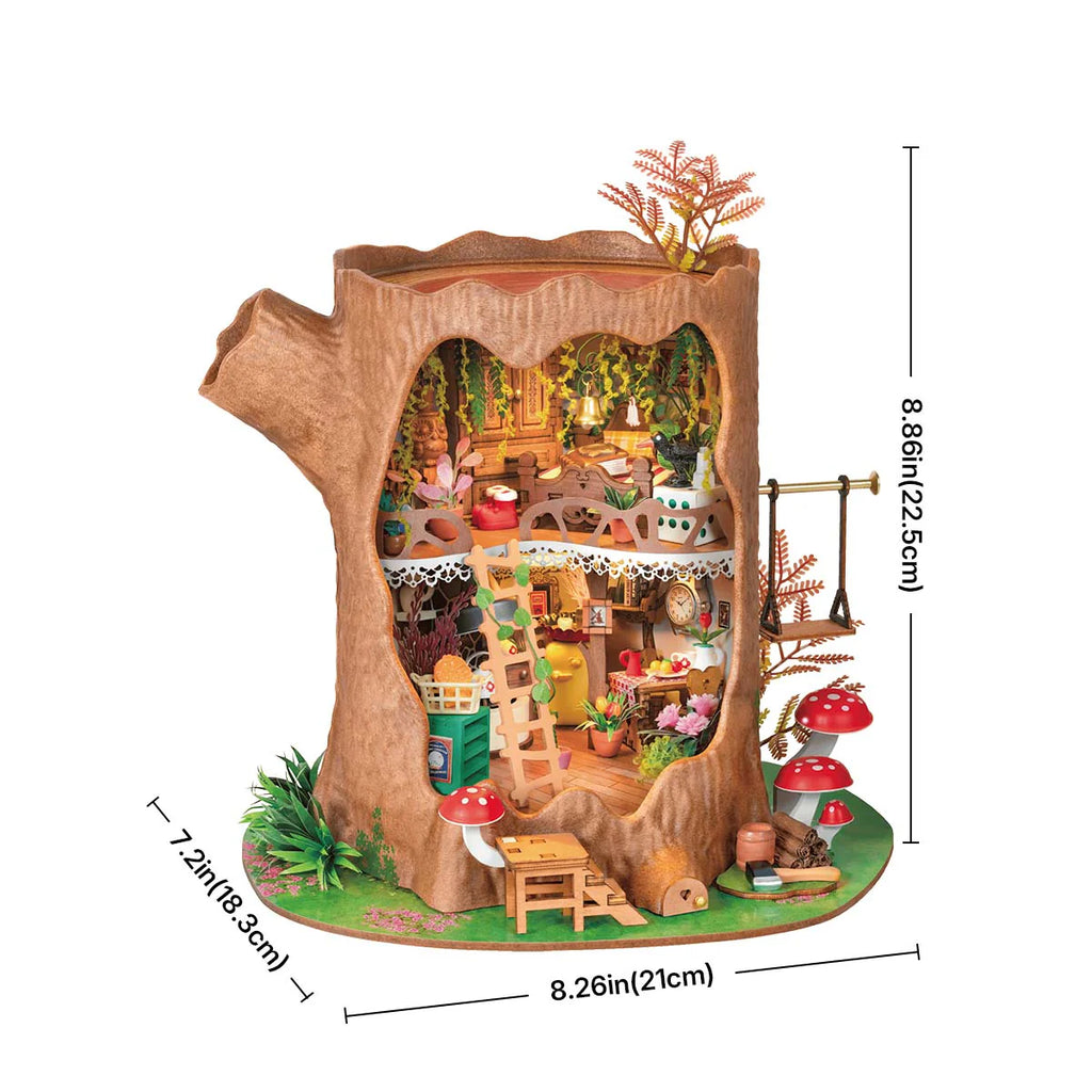 Assembled Fairytale Tree House miniature kit with dimensions.