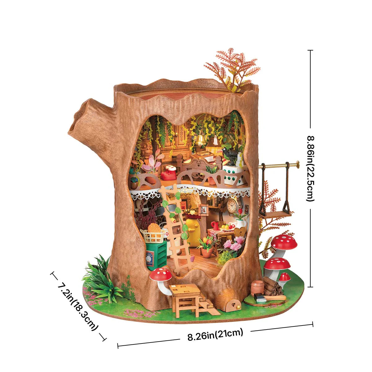 Assembled Fairytale Tree House miniature kit with dimensions.