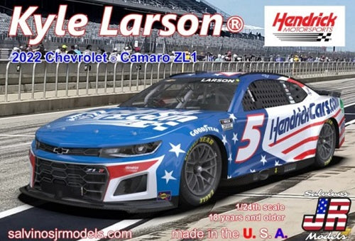 Box art for plastic model kit of a 2022 Camaro ZL1 with red, white, and Blue paint scheme.