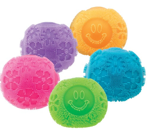 Colorful balls with smiling faces and flower patterns.