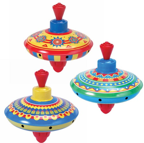 Three colorful spinning top toys.