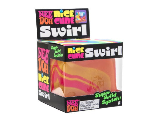 Cube shaped stress ball with orange and red swirl design.