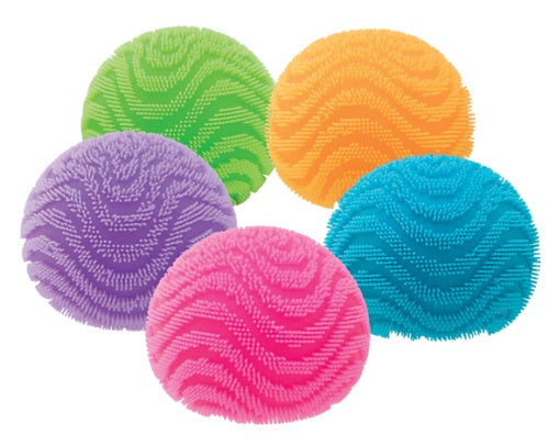 5 Different colored balls with wavy pattern.