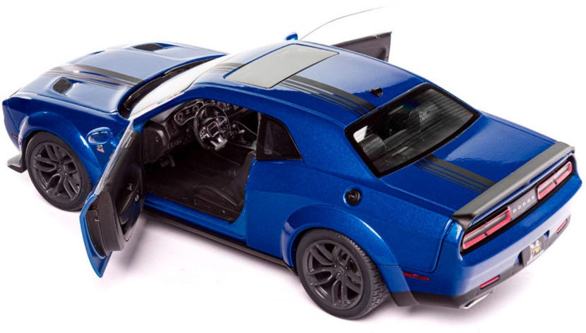 1/18 scale model of a blue Dodge Challenger R/T Scat Pack with open doors.