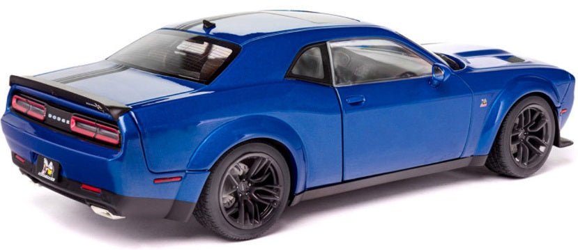 1/18 scale model of a blue Dodge Challenger R/T Scat Pack.