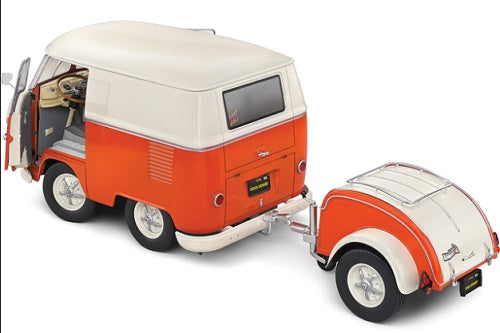 Vintage-style orange and white van and matching trailer.