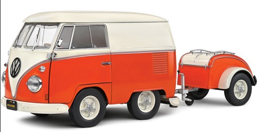 Vintage-style orange and white van and matching trailer.