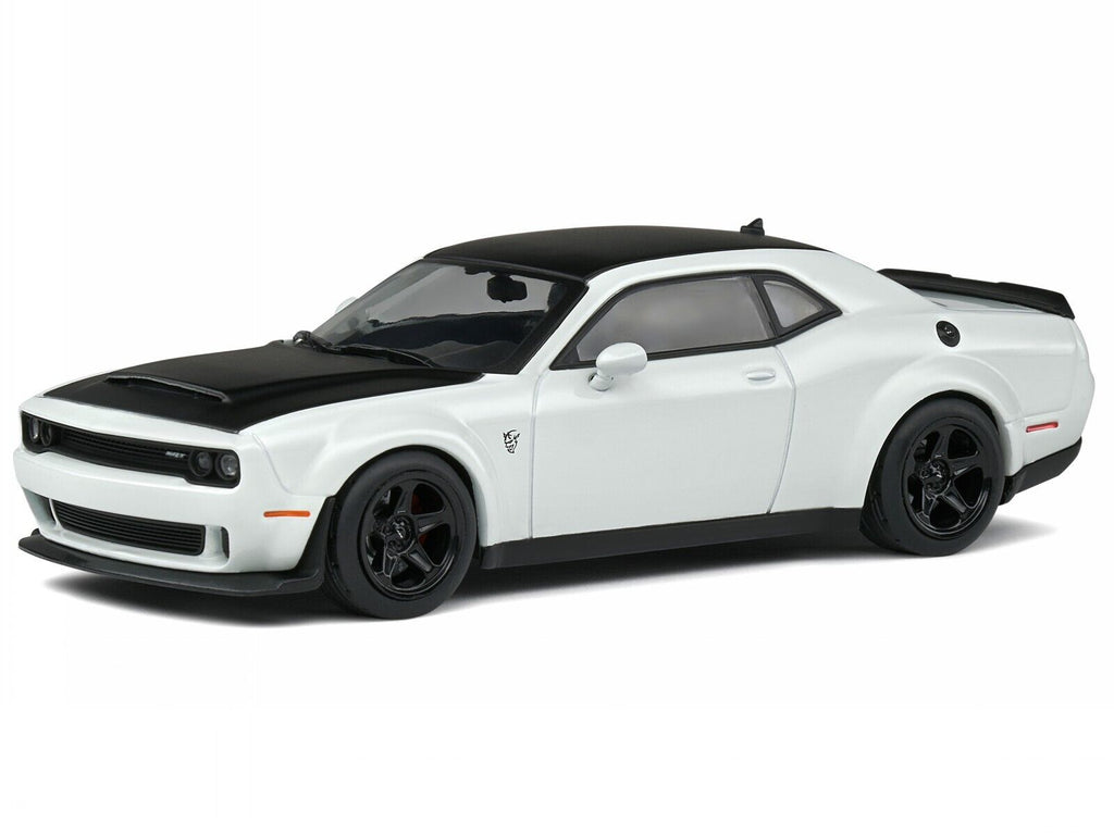 1/43 scale model of a Dodge Challenger Demon white in color with black hood and roof.