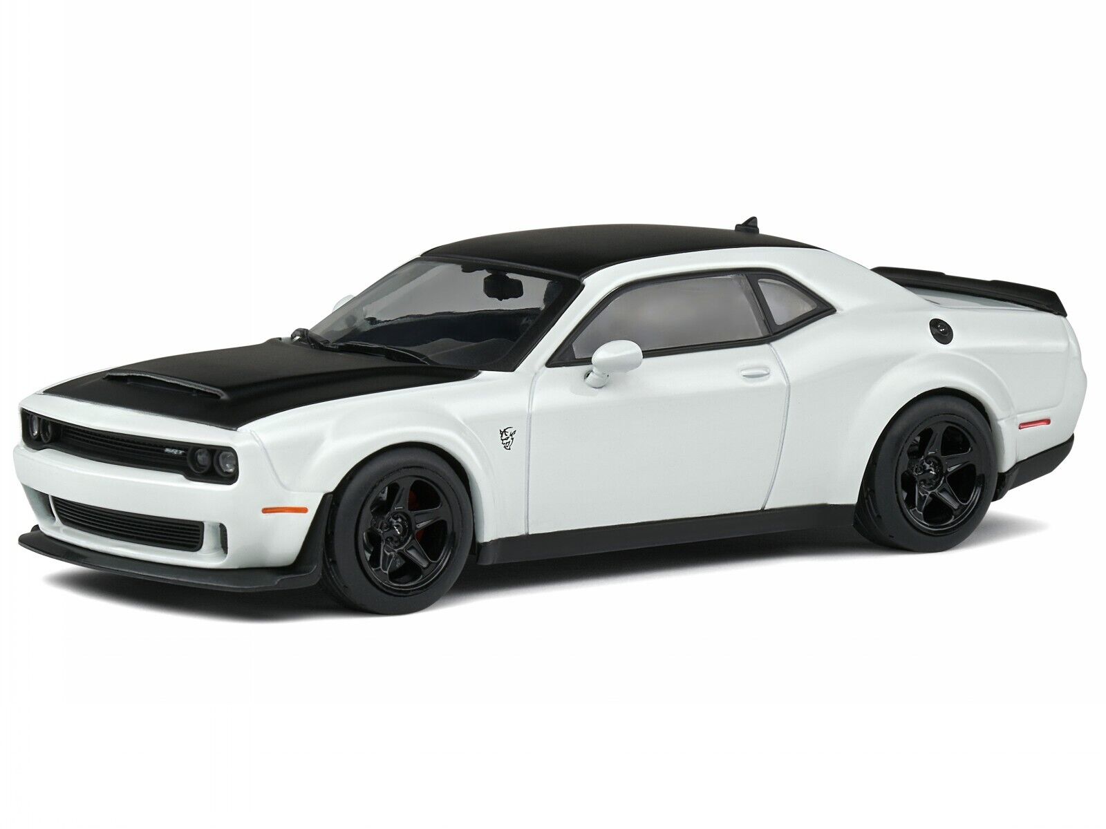 1/43 scale model of a Dodge Challenger Demon white in color with black hood and roof.