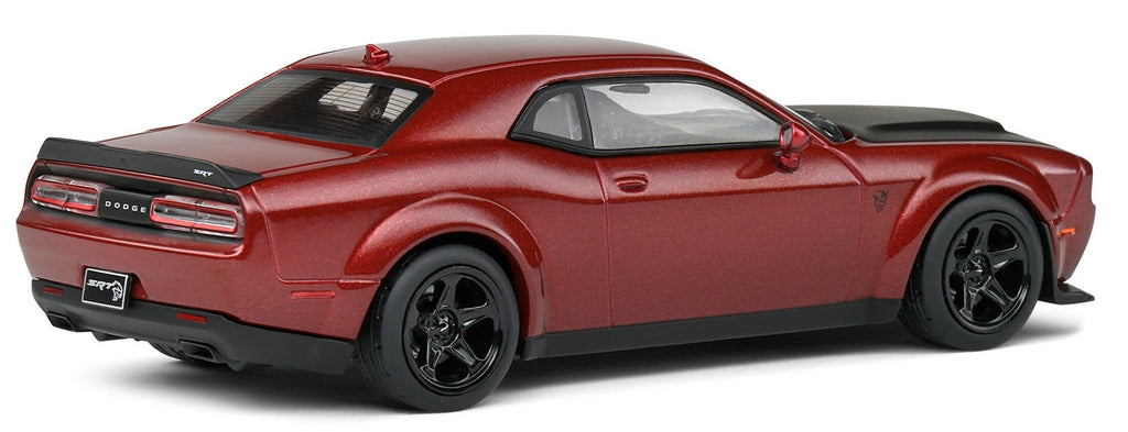 1/43 scale model of a Dodge Challenger Demon in red with black hood.