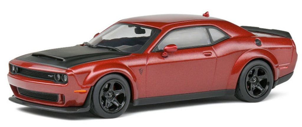 1/43 scale model of a Dodge Challenger Demon in red with black hood.