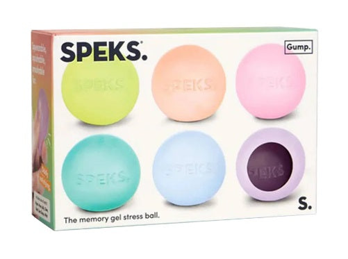 Package showing 6 colors of memory gel stress balls.