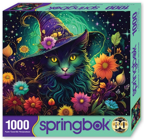 Springbok Puzzle box showing cat wearing a pointed hat with colorful flowers around the cat.
