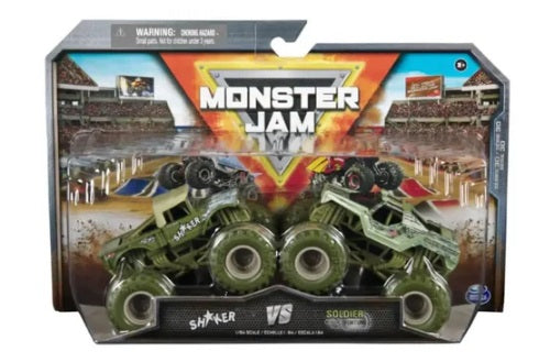 Monster Jam toy truck set in packaging with 'Shaker' and 'Soldier' on a stadium background.
