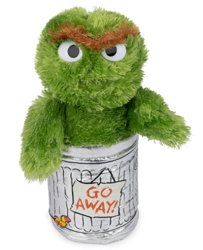 Plush Oscar the Grouch character in shiny plush trash can.