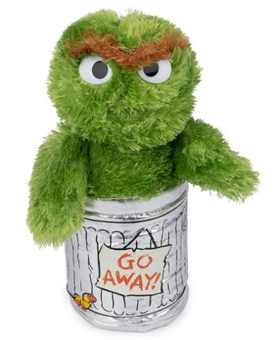 Plush Oscar the Grouch character in shiny plush trash can.