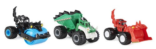 Three toy construction vehicles in black, green, and red on a white background