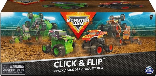 Monster Jam Click & Flip toy truck set packaging with two trucks on a dirt background.