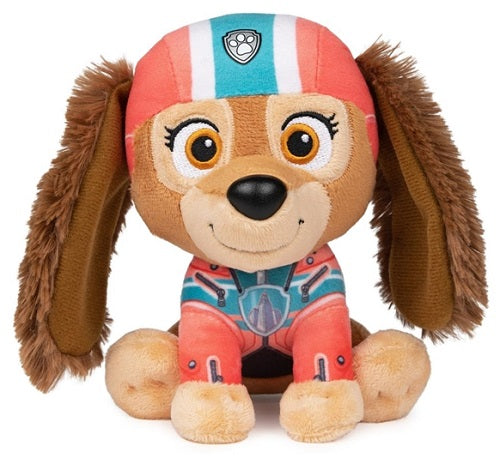 Plush toy of a dog character with a helmet and racing outfit on a white background