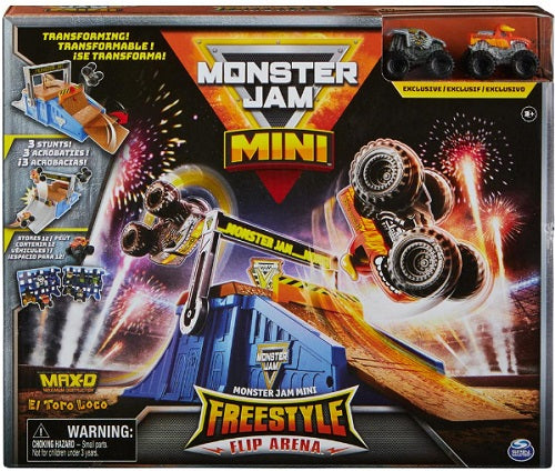 Monster Jam Mini Freestyle Flip Arena toy set packaging with toy figures and track.