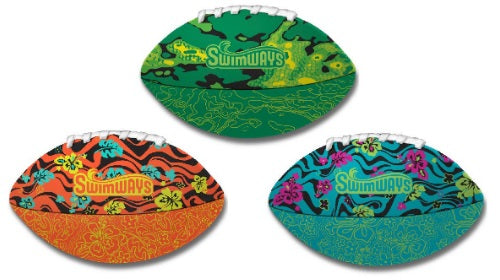 Orange, Green, and Turquoise footballs with patterns printed on them.