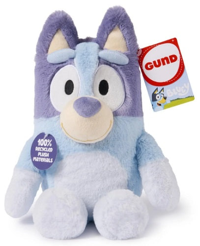 Plush toy of blue dog with a GUND tag on a white background