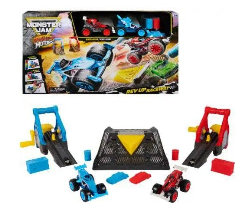 Monster Jam Monster Motors Package with 2 cars, 2 launchers, ramp, and other accessories.