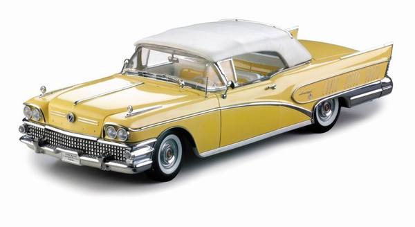 Model of yellow Buick Limited with white soft top roof.