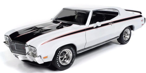 White car with black hood stripe and black stripe down side.