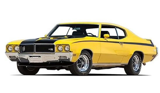 1/18 scale model of a 1970 Buick GSX in yellow with black stripes.