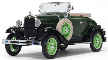 Model of 1931 Ford Model A Roadster in green with green wheels.
