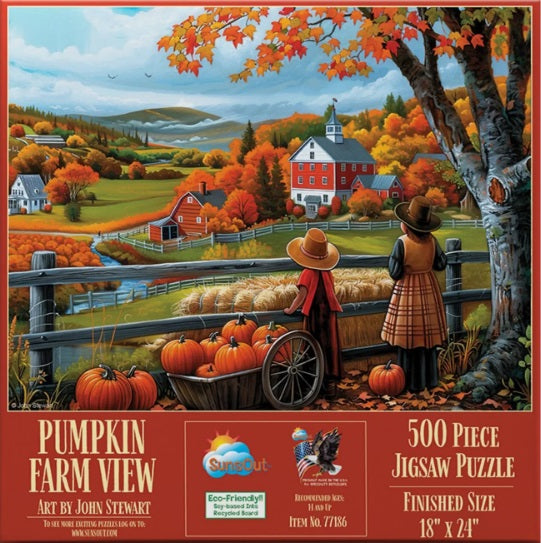 Jigsaw puzzle box featuring a scenic autumn farm view with two people and pumpkins.