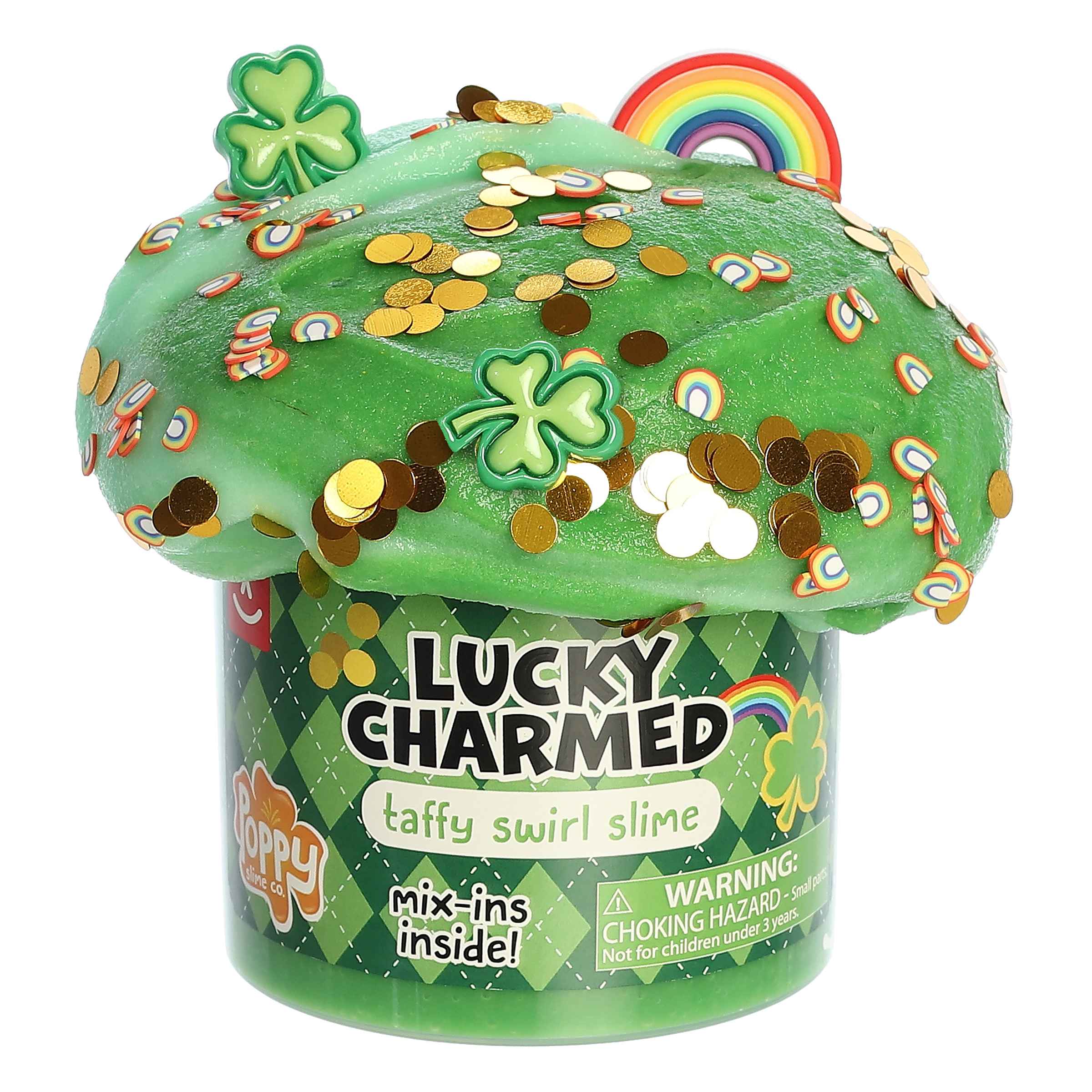 A jar of green slime decorated with shamrocks and miniature gold coins, labeled 'LUCKY CHARMED taffy swirl slime' with a rainbow and pot of gold design elements.