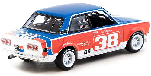 Model of a Datsun 510 in red, blue, and white.