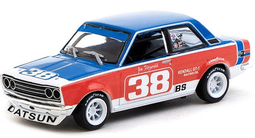 Model of a Datsun 510 in red, blue, and white.