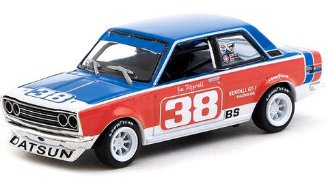 Model of a Datsun 510 in red, blue, and white.