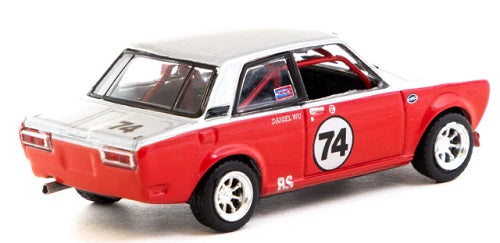 Model car of a Datsun 510 in red and white with the number 74 on the door.