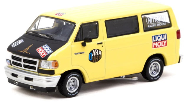 1/64 scale diecast of yellow Dodge van with decals on sides and Hood.
