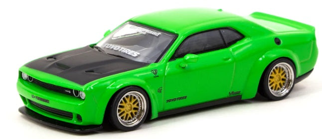 1/64 scale model of a Dodge Challenger SRT Hellcat green color with black hood.
